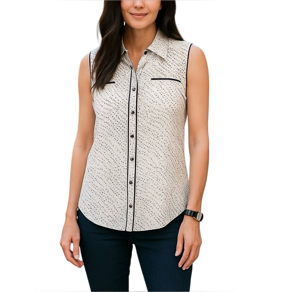 Women’s Career White W/Black polkadots Sleeveless button-up Blouse By Elementz